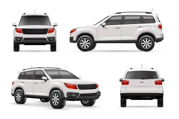 a modern white SUV, side-view, on a clean white background, photorealistic studio shot