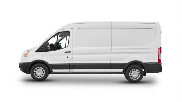 a modern white cargo van, side-view, on a clean white background, photorealistic studio shot